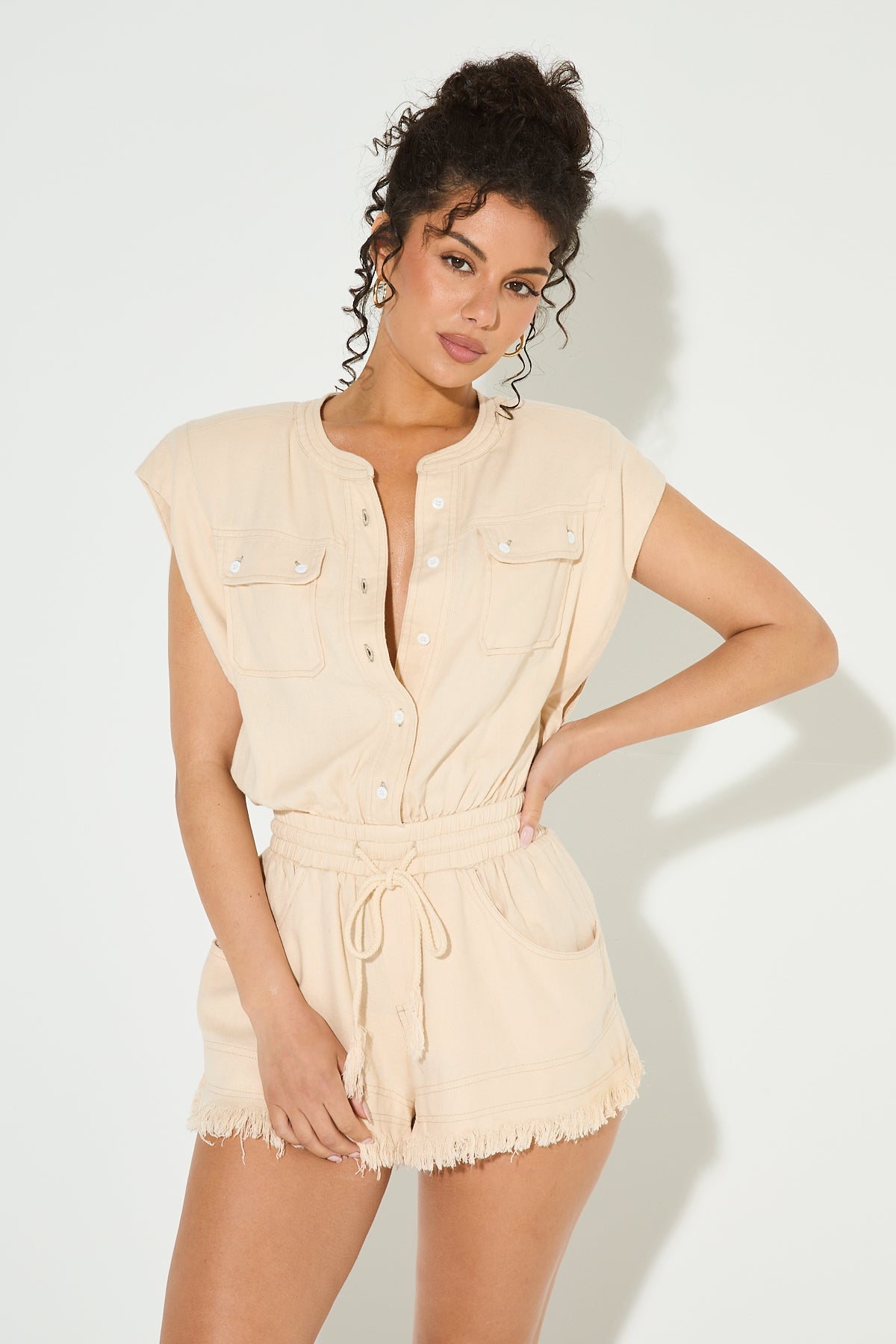 DARCY Beige Linen Frayed Playsuit