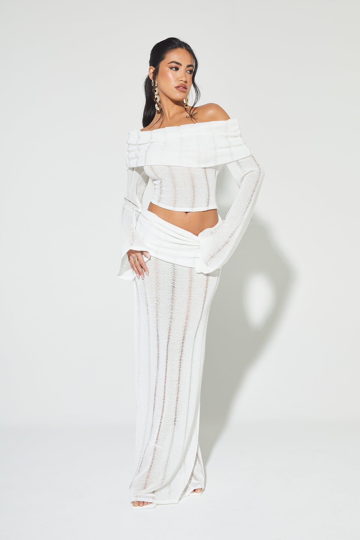 NORI White Knit Top and Maxi Skirt Co Ord