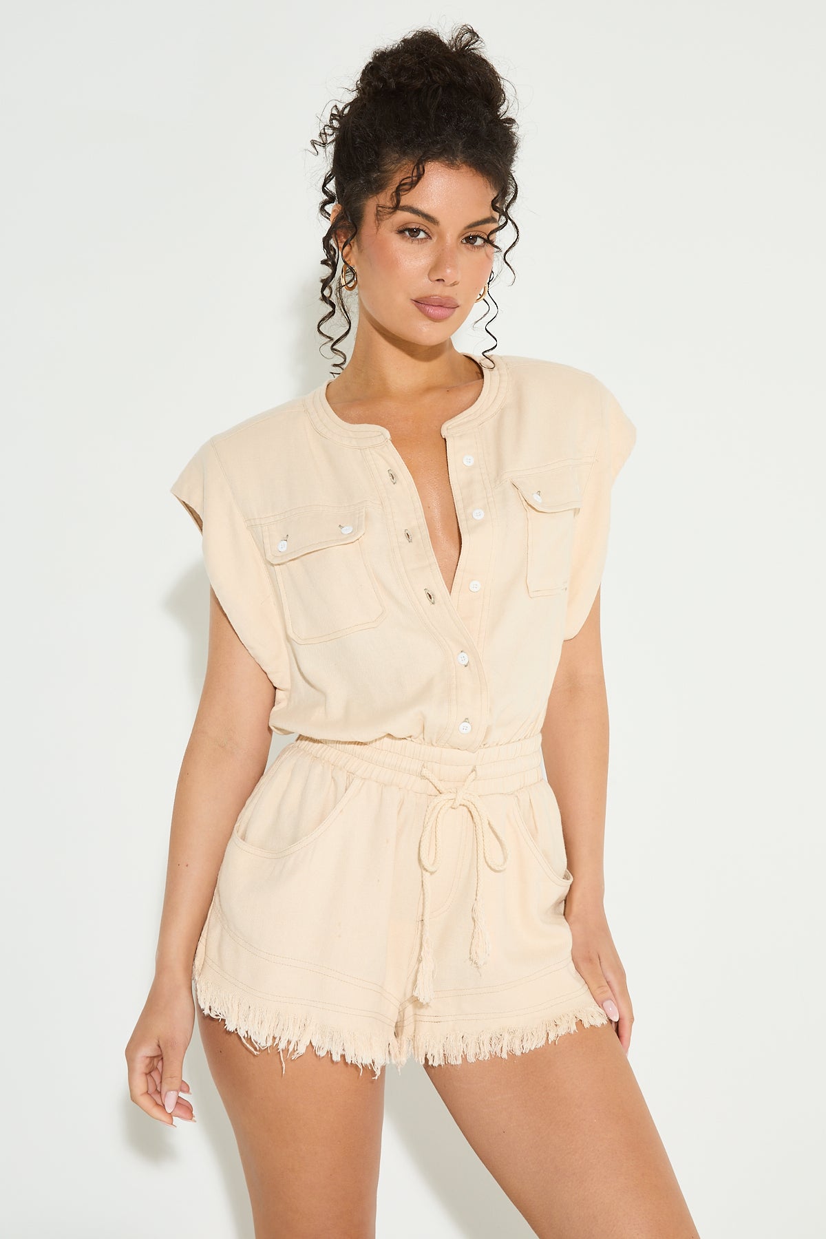 DARCY Beige Linen Frayed Playsuit