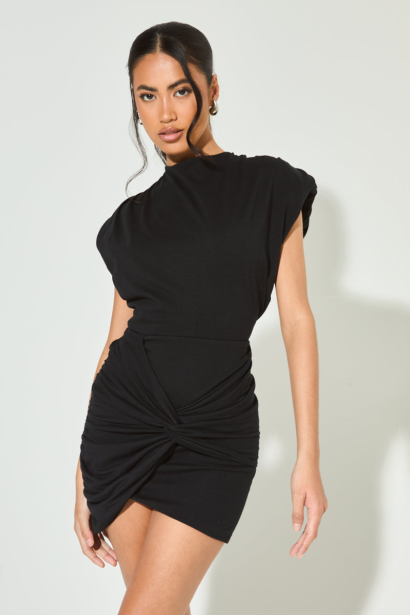 LIBBIE Black Twist Shoulder Pad T Shirt Dress