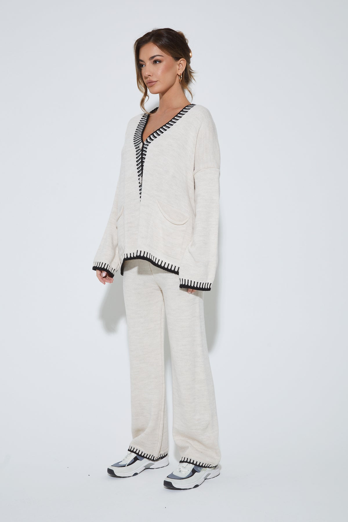 UNA Beige Knitted Contrast Trim Cardigan Lounge Set