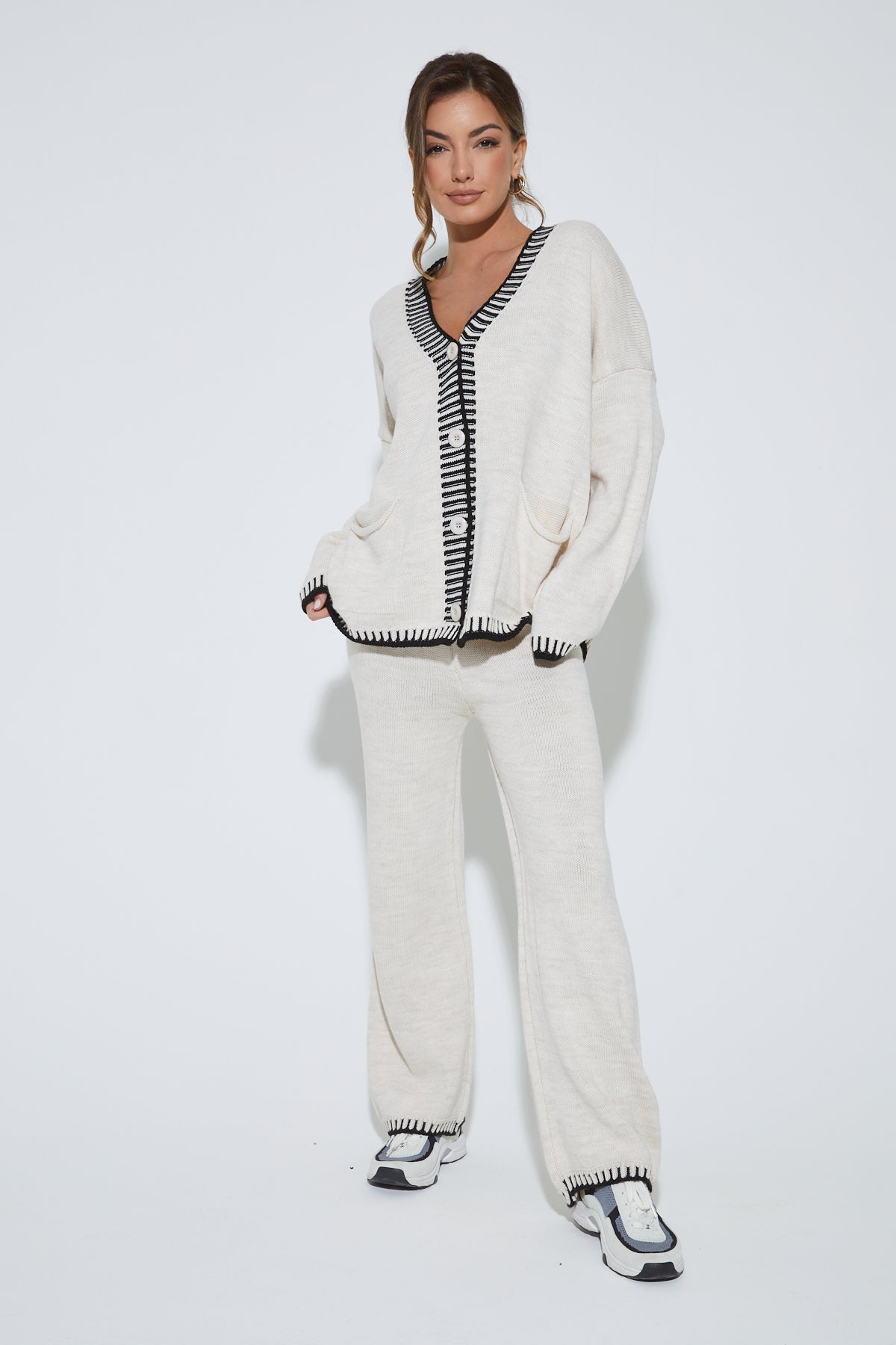 UNA Beige Knitted Contrast Trim Cardigan Lounge Set