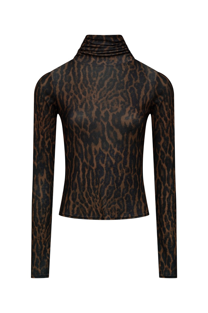 GINA Leopard Fine Knit Polo Neck Top