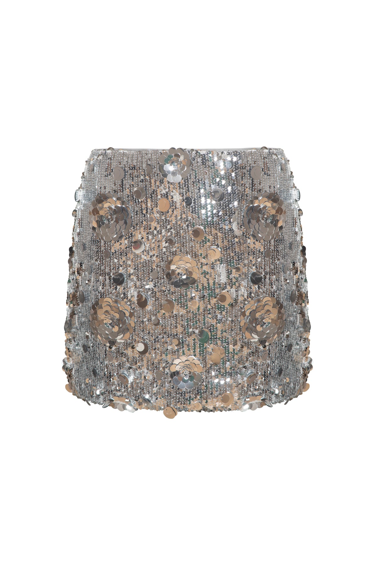 REMÍ Silver Flower Sequin Mini Skirt