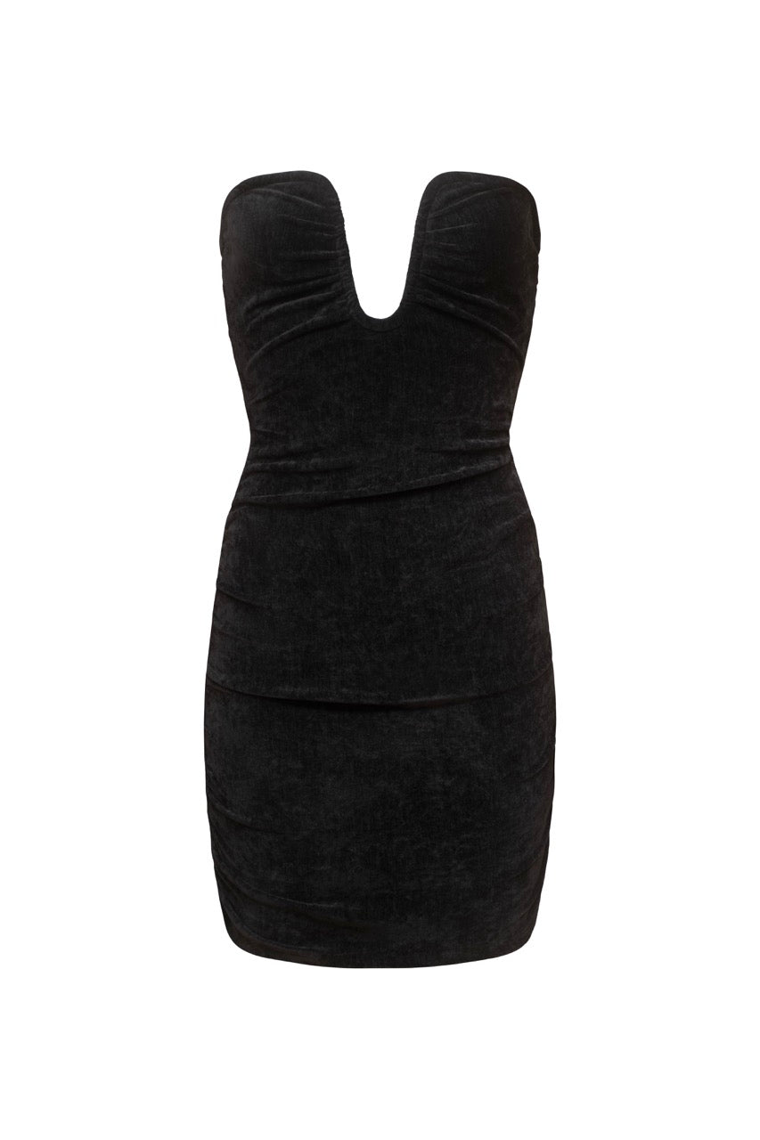 CAMILLA Black Velvet Plunge Mini Dress