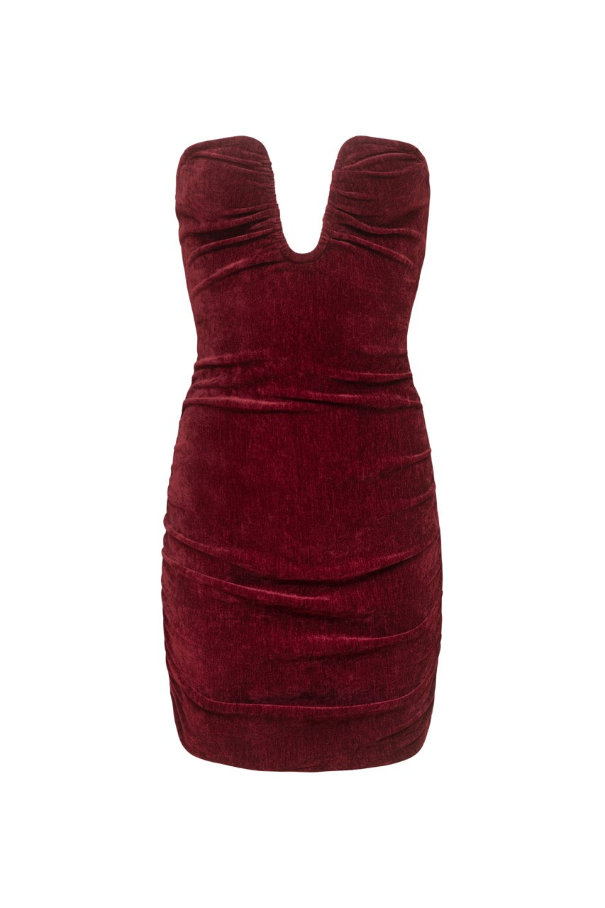 CAMILLA Burgundy Velvet Plunge Mini Dress