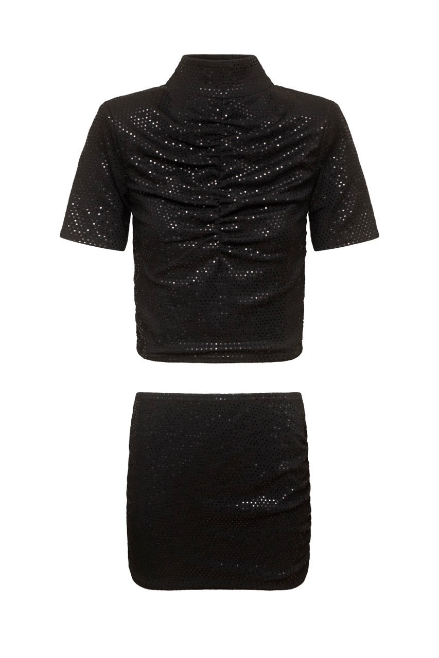 MILA Black Glitter Ruched Top and Skirt Co-Ord