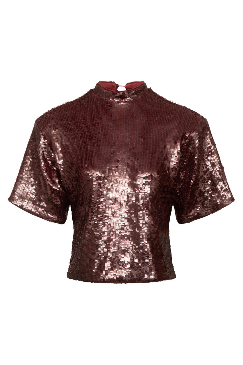 ADA Burgundy Sequin Shoulder Pad T-Shirt