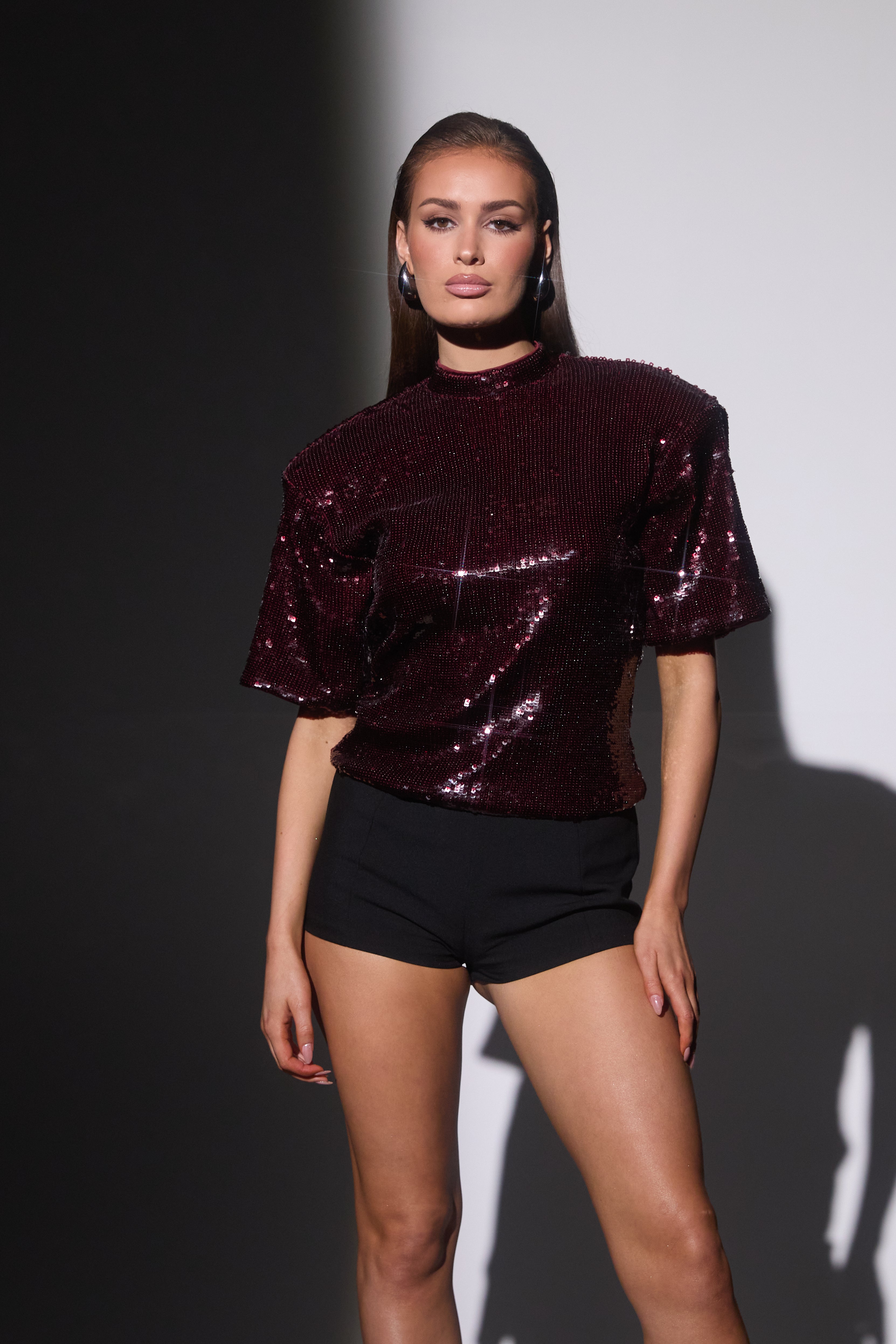 ADA Burgundy Sequin Shoulder Pad T-Shirt