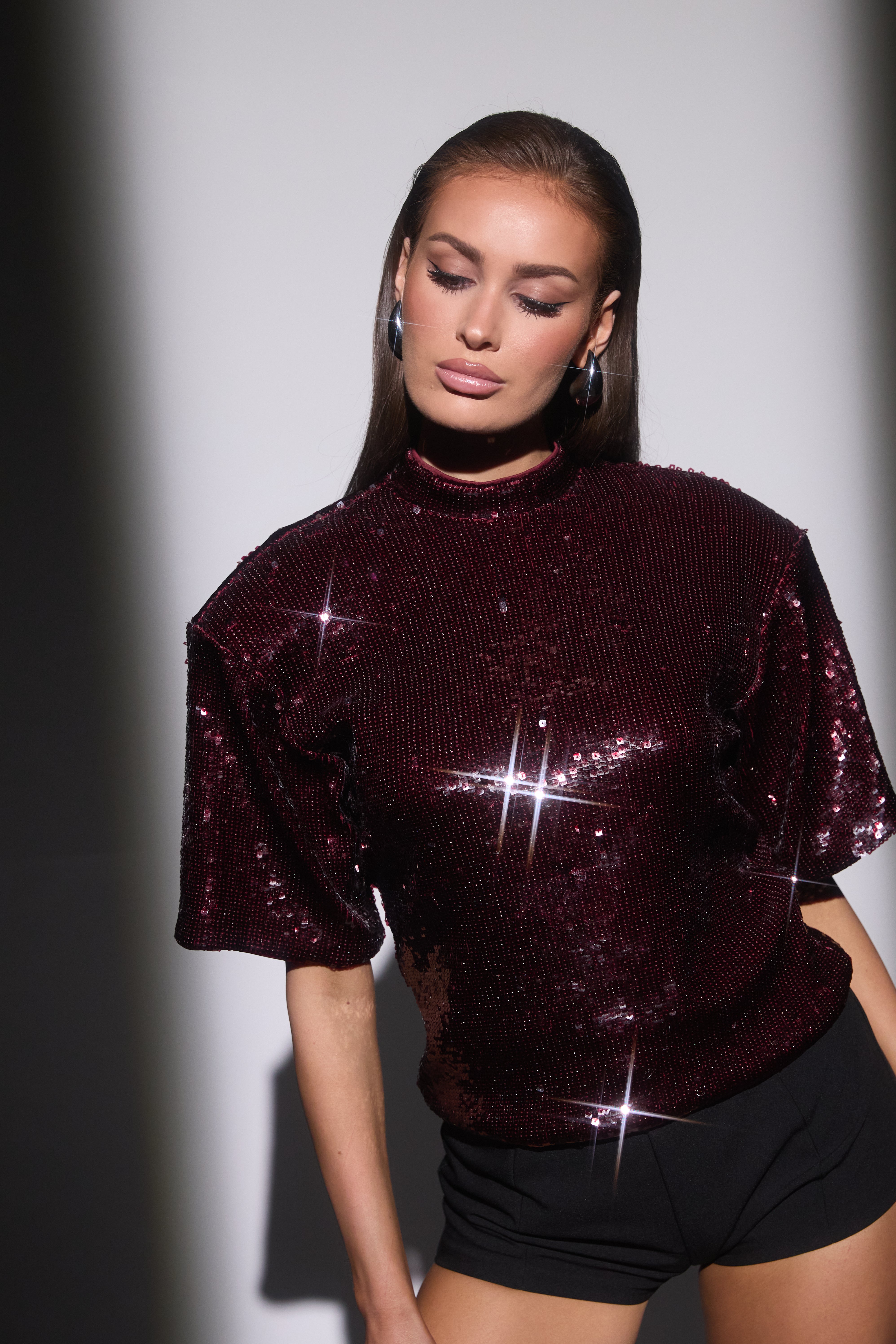 ADA Burgundy Sequin Shoulder Pad T-Shirt