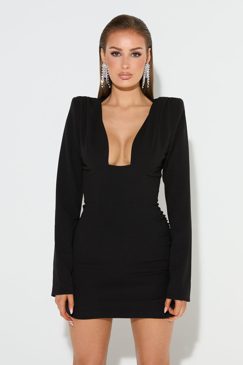 MATHILDÈ Black Deep Plunge Mini Dress