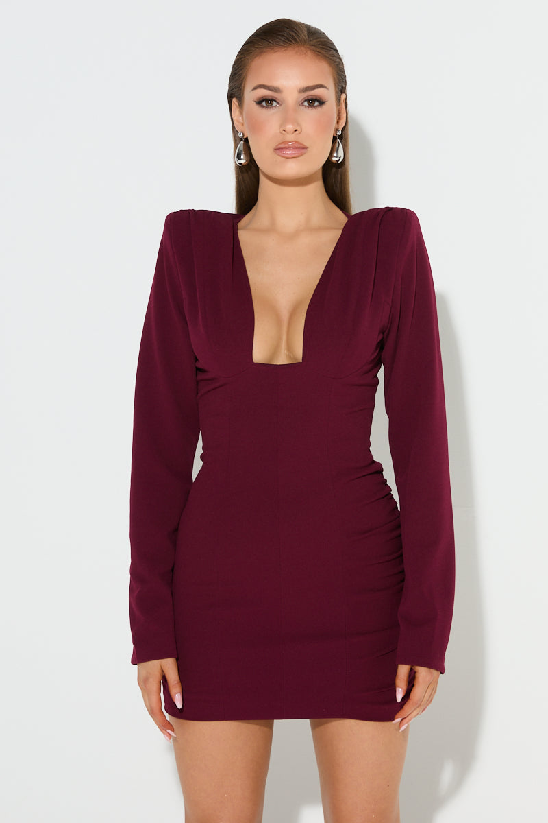 MATHILDÈ Burgundy Deep Plunge Mini Dress