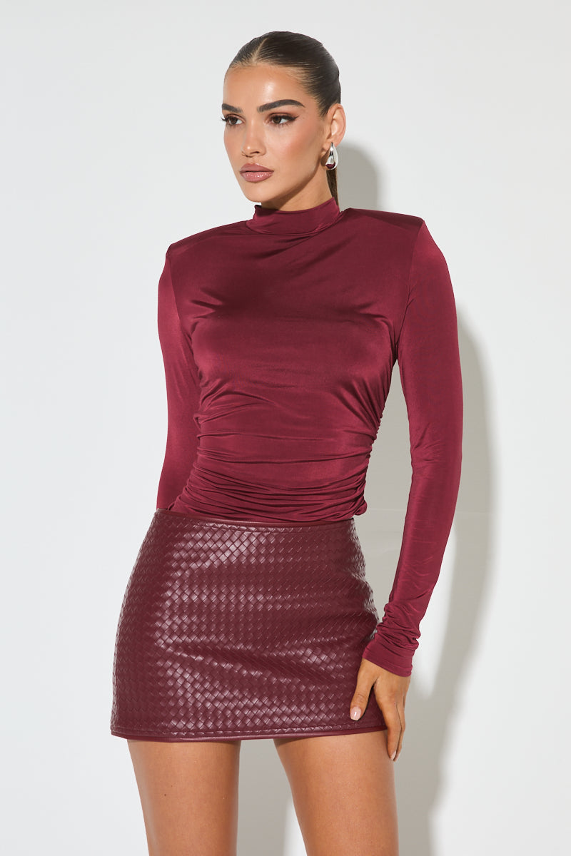 VIVIANA Burgundy PU Woven Mini Skirt