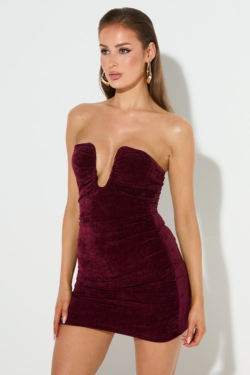 CAMILLA Burgundy Velvet Plunge Mini Dress