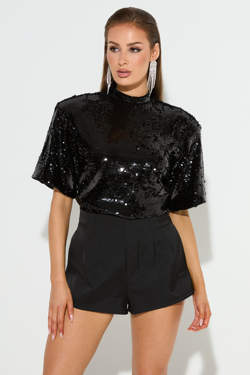 BLANCA Black Satin High Waisted Shorts