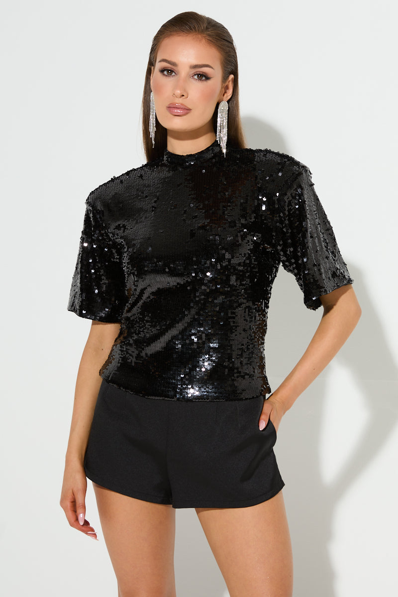 ADA Black Sequin Shoulder Pad T-Shirt