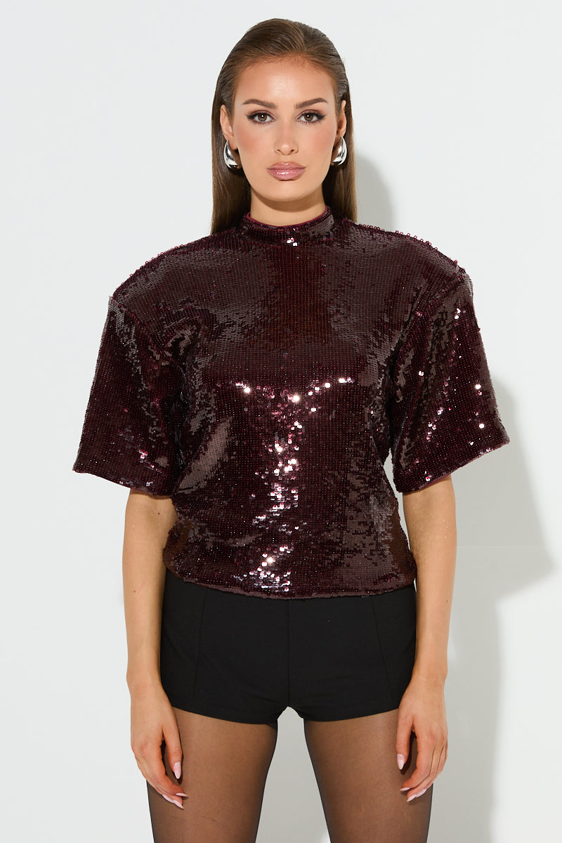 ADA Burgundy Sequin Shoulder Pad T-Shirt