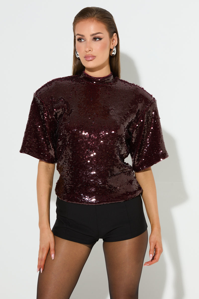 ADA Burgundy Sequin Shoulder Pad T-Shirt