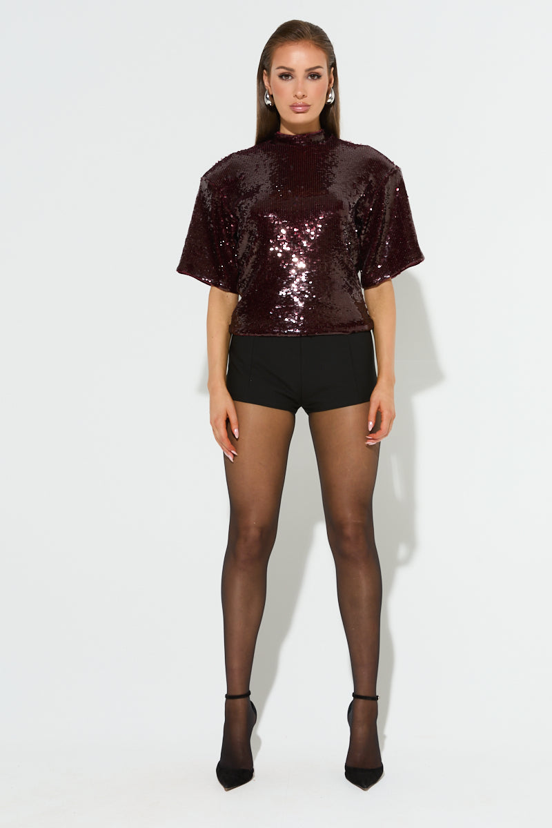 ADA Burgundy Sequin Shoulder Pad T-Shirt