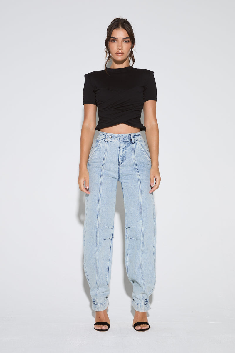 TALIA Black Cropped Shoulder Pad T-Shirt