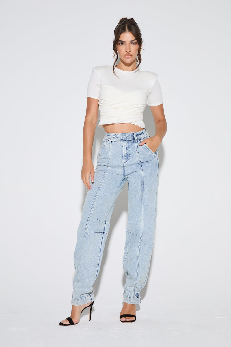 TALIA Off White Cropped Shoulder Pad T-Shirt