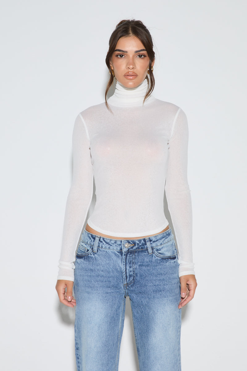 GINA White Fine Knit Polo Neck Top