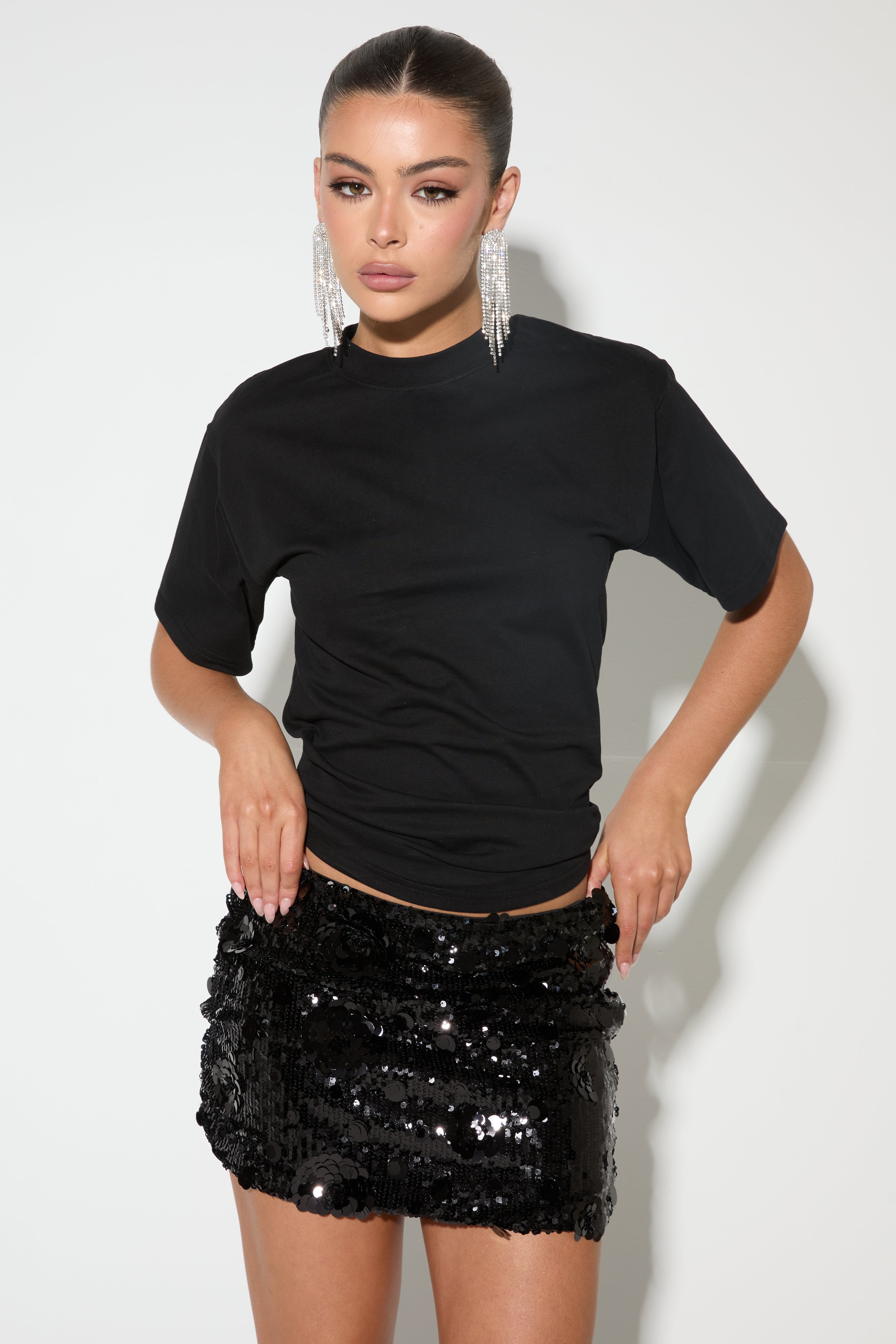 REMÍ Black Flower Sequin Mini Skirt