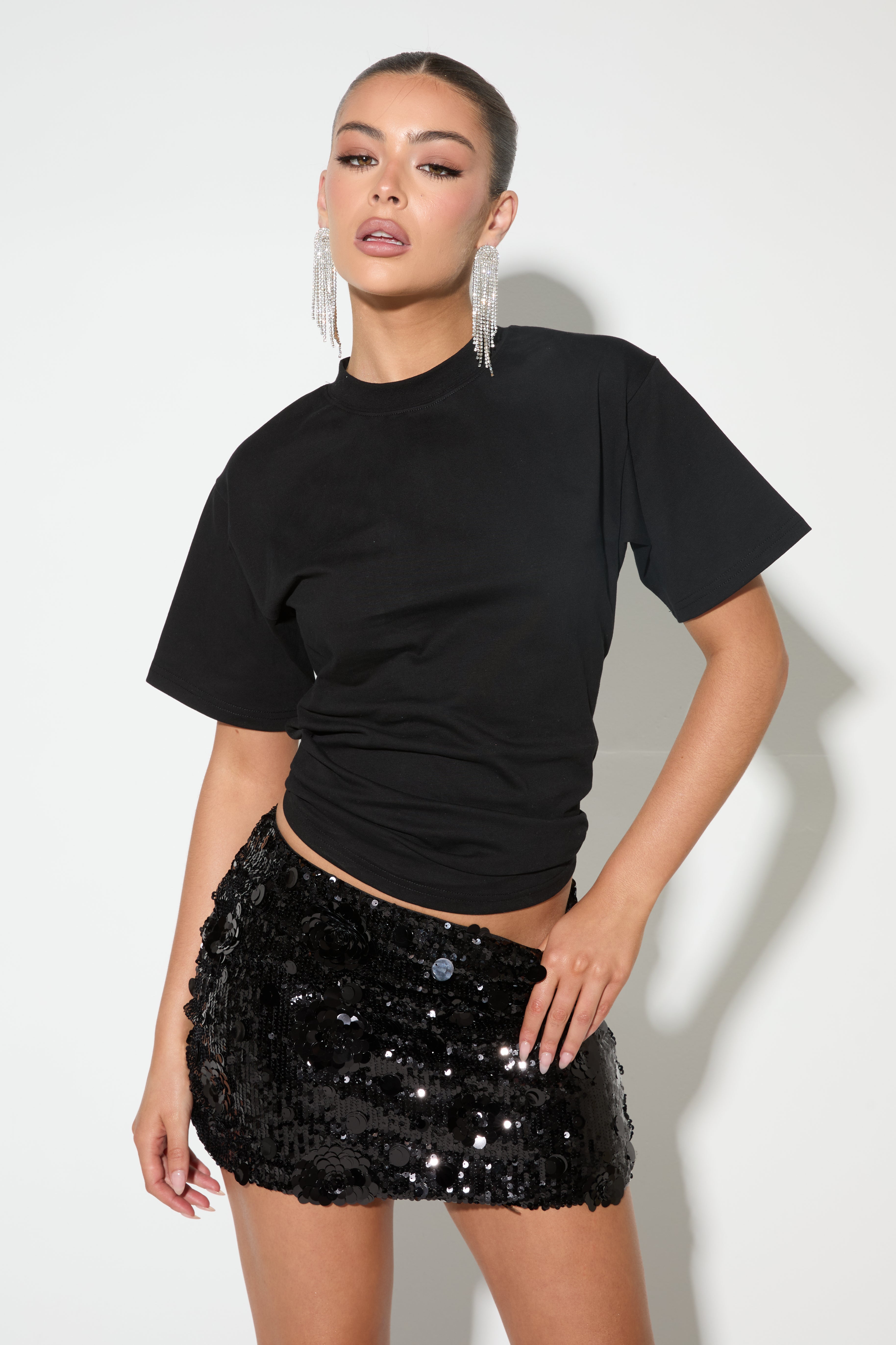 REMÍ Black Flower Sequin Mini Skirt