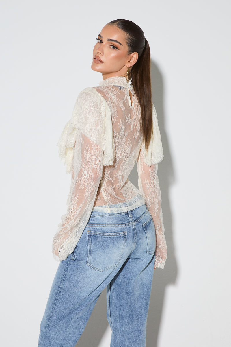 PENELOPE Cream Lace Ruffle Blouse