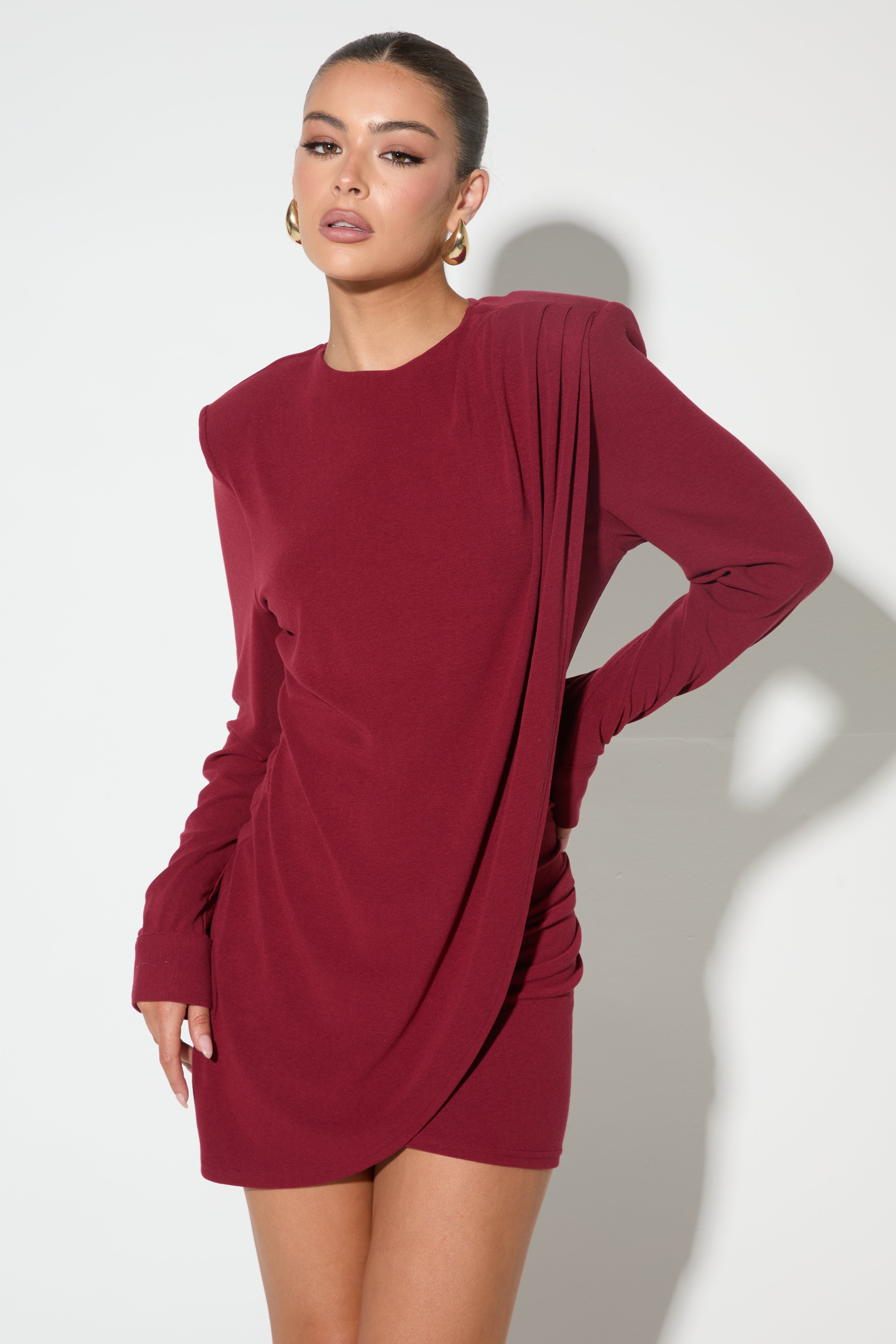 LIANA Burgundy Draped Mini Dress