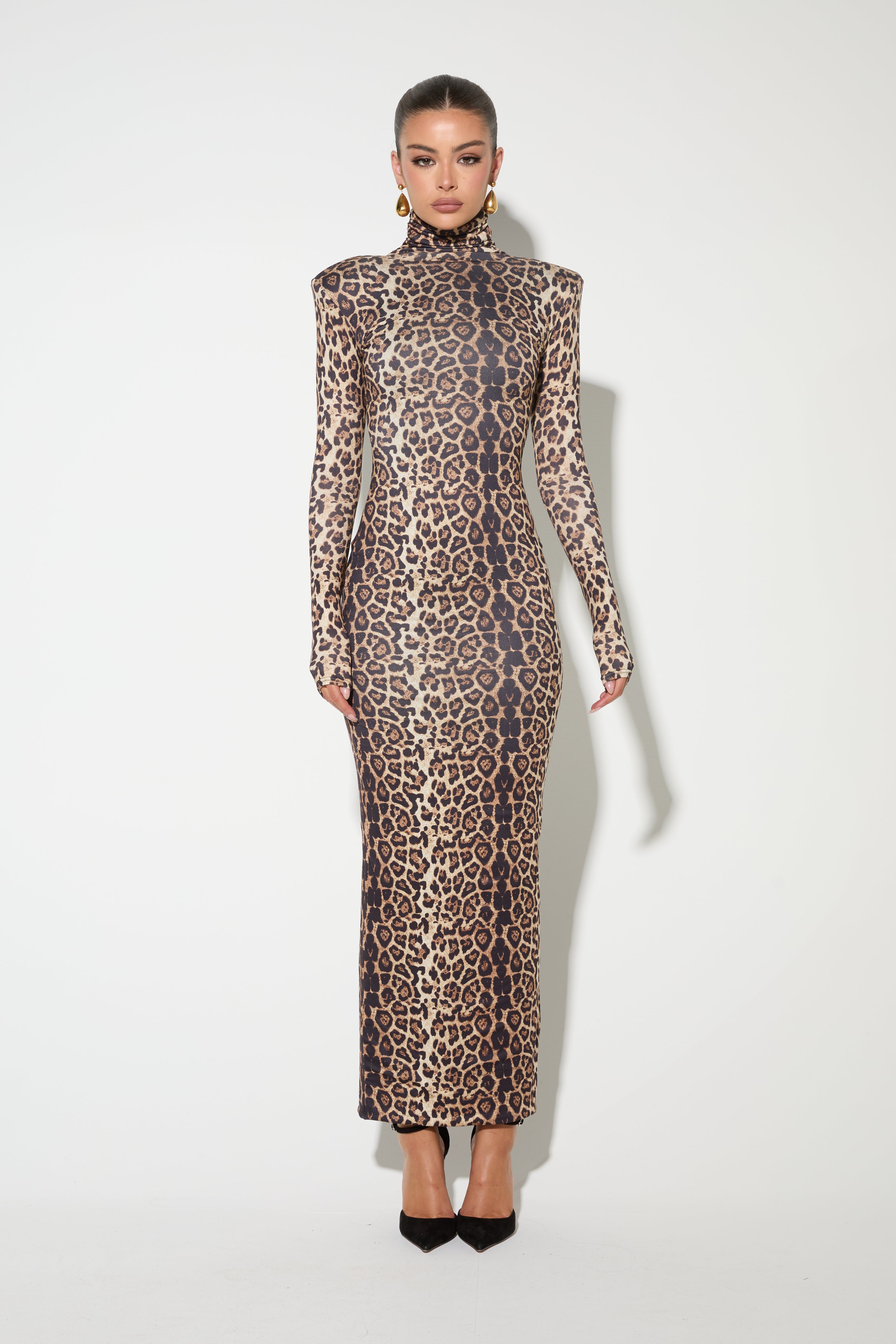 MAYNA Leopard Shoulder Pad Maxi Dress