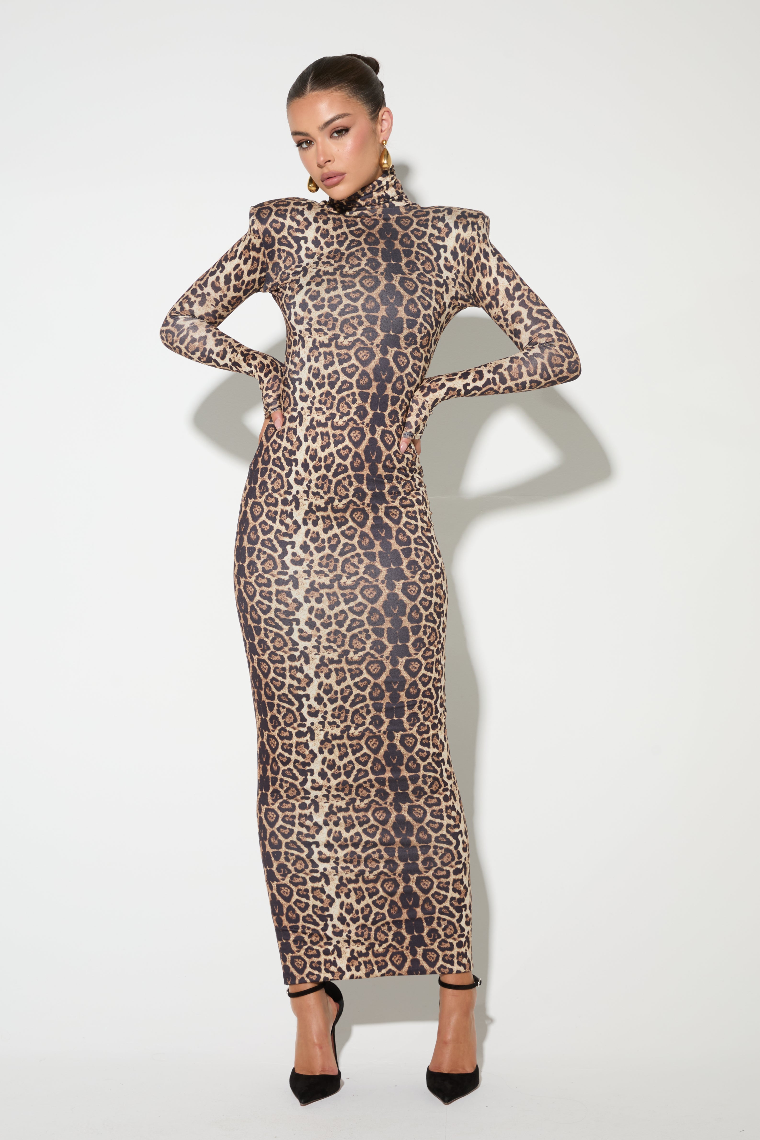 MAYNA Leopard Shoulder Pad Maxi Dress