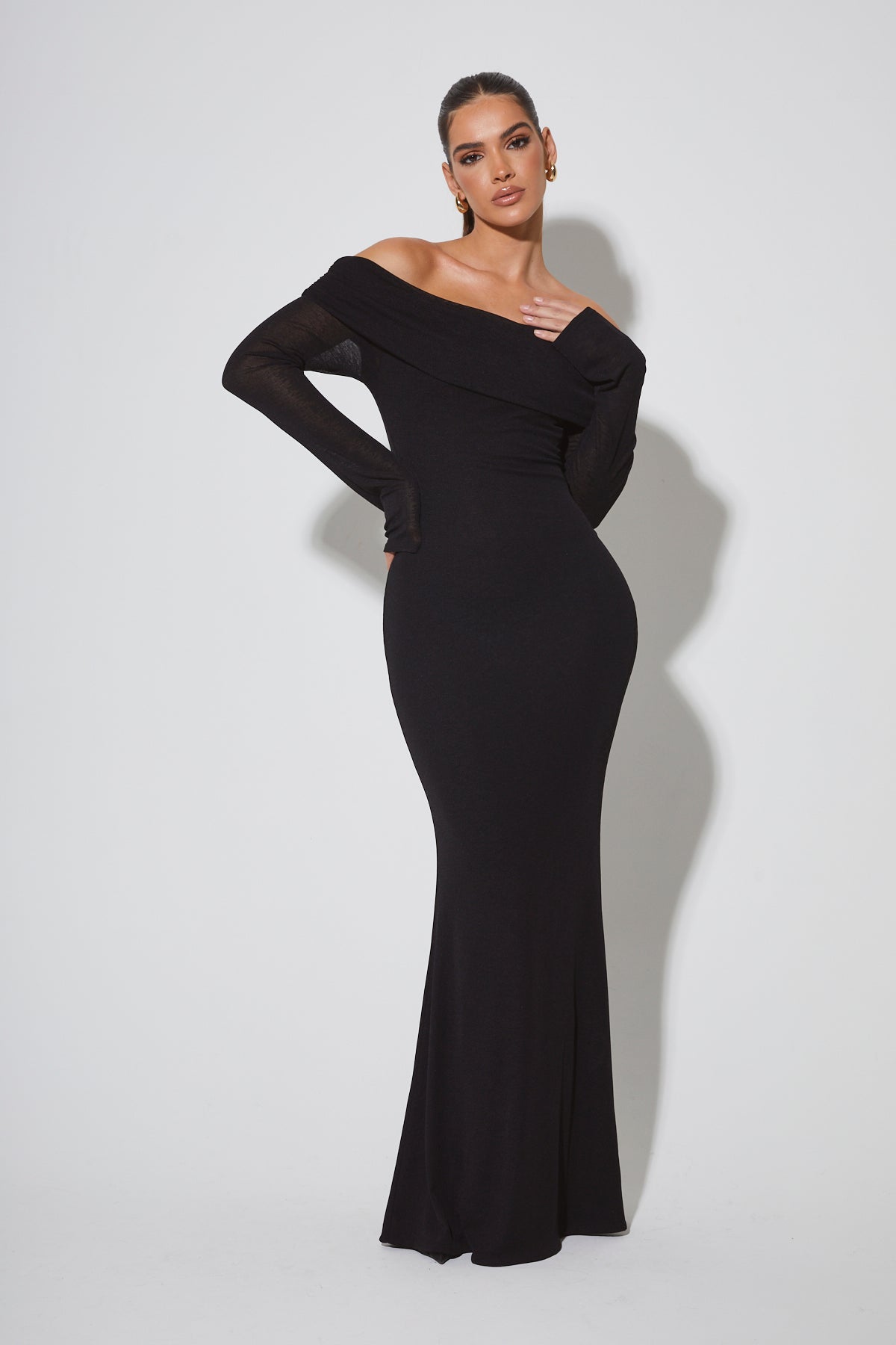 Black bardot maxi clearance dress